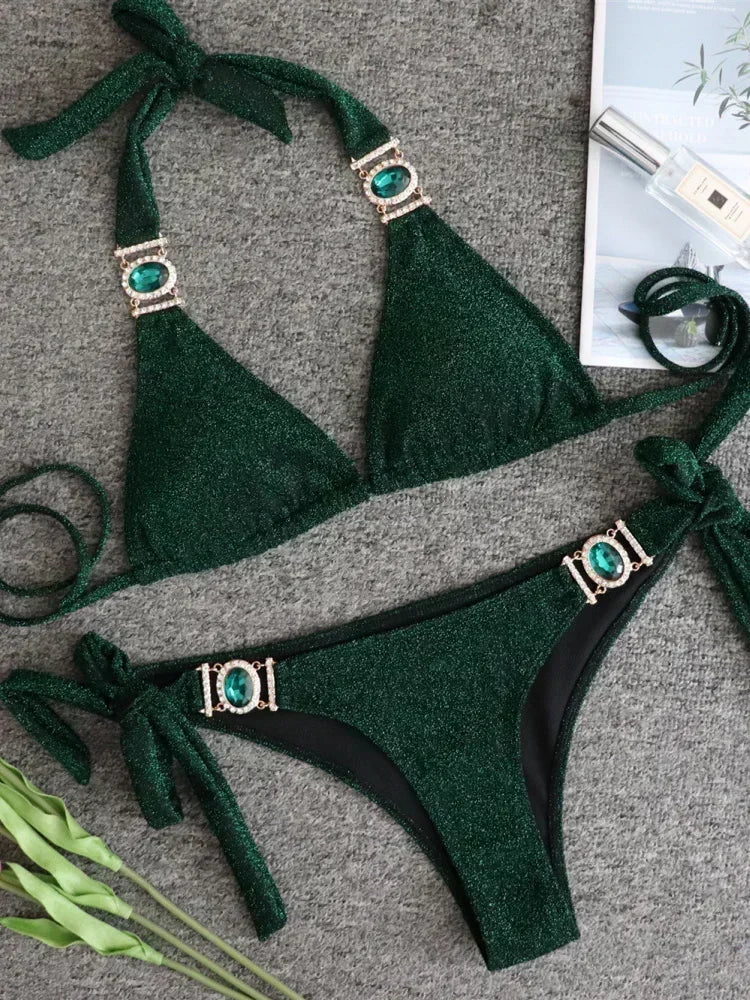 Halter Rhinestone Diamond Bikini Women Swimsuit Female Bikinis Metal Chain Swimwear Two Pieces Bikini Set Bathing Suit Swim Lady - Sun Studio