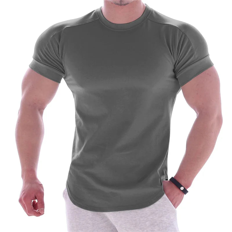 Gym T-shirt Men Short sleeve Cotton T-shirt Casual blank Slim t shirt Male Fitness Bodybuilding Workout Tee Tops Summer clothing - Sun Studio