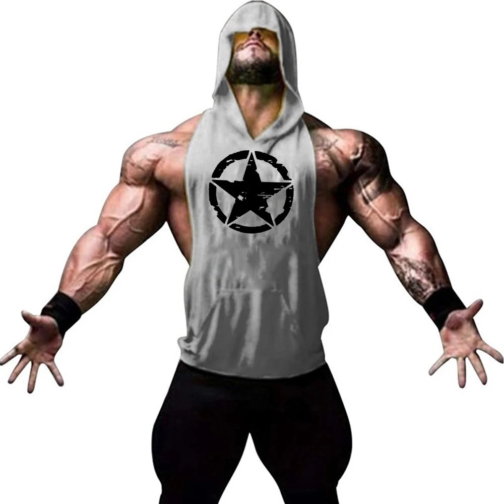 Fitness muscle vest sleeveless hooded men's summer gym sports hooded sweatshirt training sweat absorbing short sleeved vest - Sun Studio