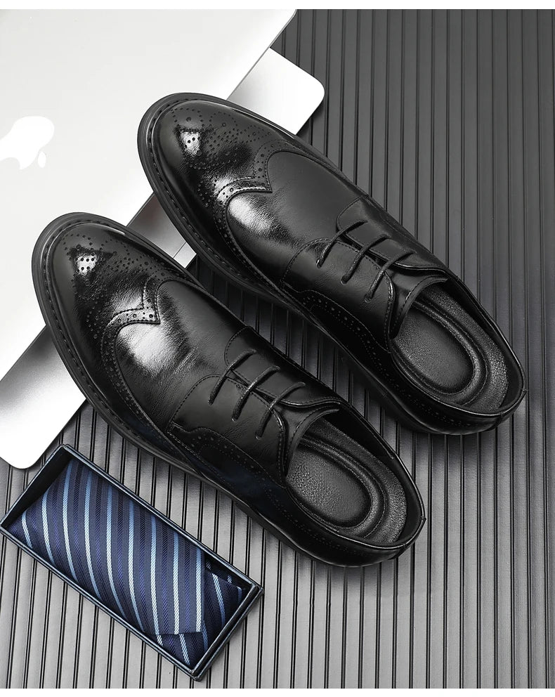 Men's Dress Brogues Elevator Shoes Platform Breathable Casual Business Luxury Genuine Leather Heightening Shoes 6 8CM Taller Man - Sun Studio