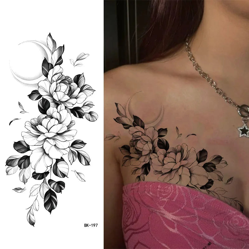 Schwarz Weiß Temporäre Transfer Tattoos Florale Schmetterlinge Schriftzüge Linienkunst Wasserfeste Körperaufkleber für Musikfestival Party