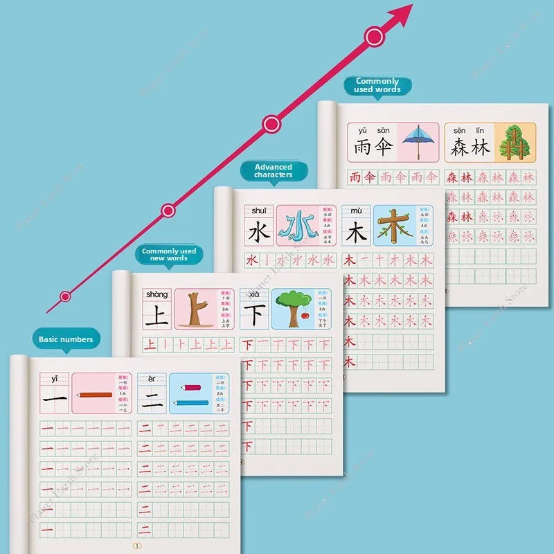 4 Book/Set Writing Chinese Book Chinese Characters with Pictures Copybook Fit Kids (Preschool 300 Words, Different Color Cover) - Sun Studio
