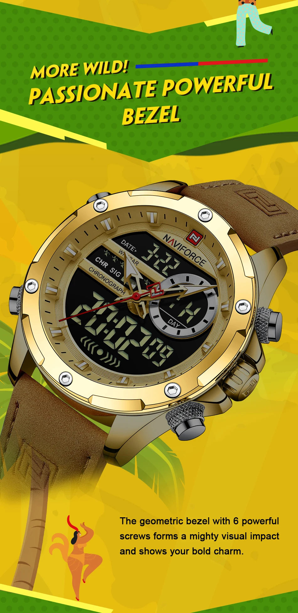 NAVIFORCE Luxury Original Watches For Men Casual Sport Chronograph Alarm Quartz WristWatch Leather Waterproof Digital Clock 9163 - Sun Studio