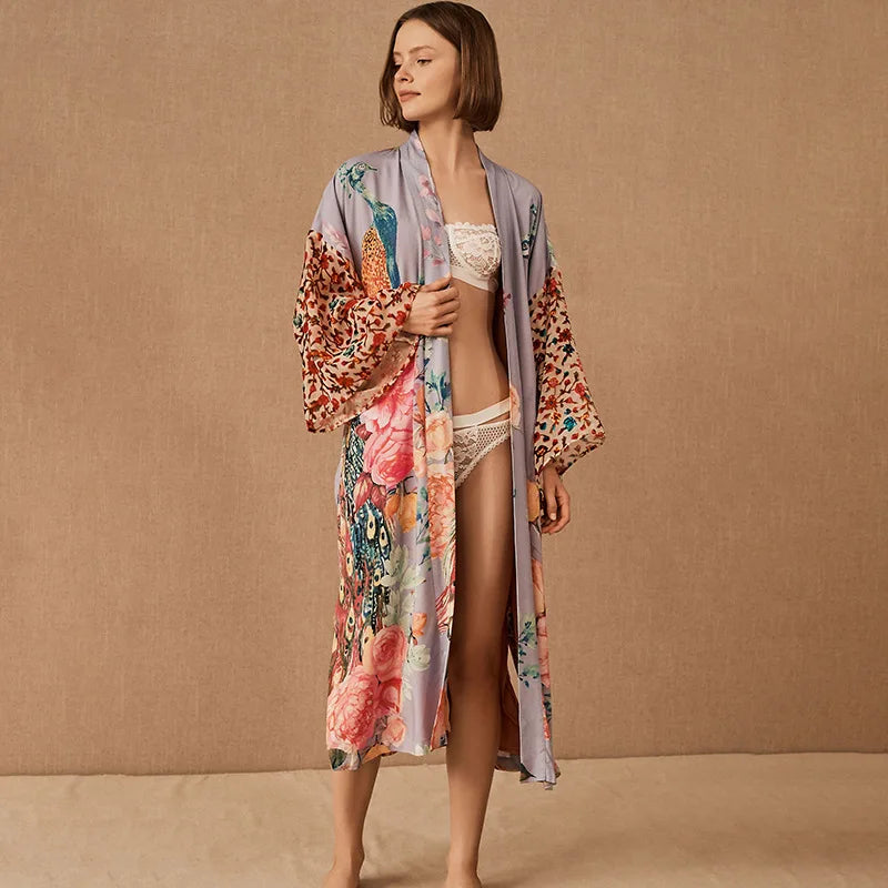 Beach Kimono for Women Peocock Printed Swimsuit Cover Up Self Belted Wrap Dresses Seaside Bathing Suits Beachwear - Sun Studio