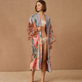 Beach Kimono for Women Peocock Printed Swimsuit Cover Up Self Belted Wrap Dresses Seaside Bathing Suits Beachwear - Sun Studio