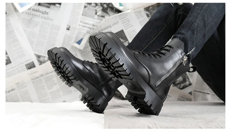 2025 Autumn Winter Shoes Men Leather Boots Thick Sole Non-slip Warm Plush Cold Winter Cow Leather Male Ankle Botas Black KA4867 - Sun Studio