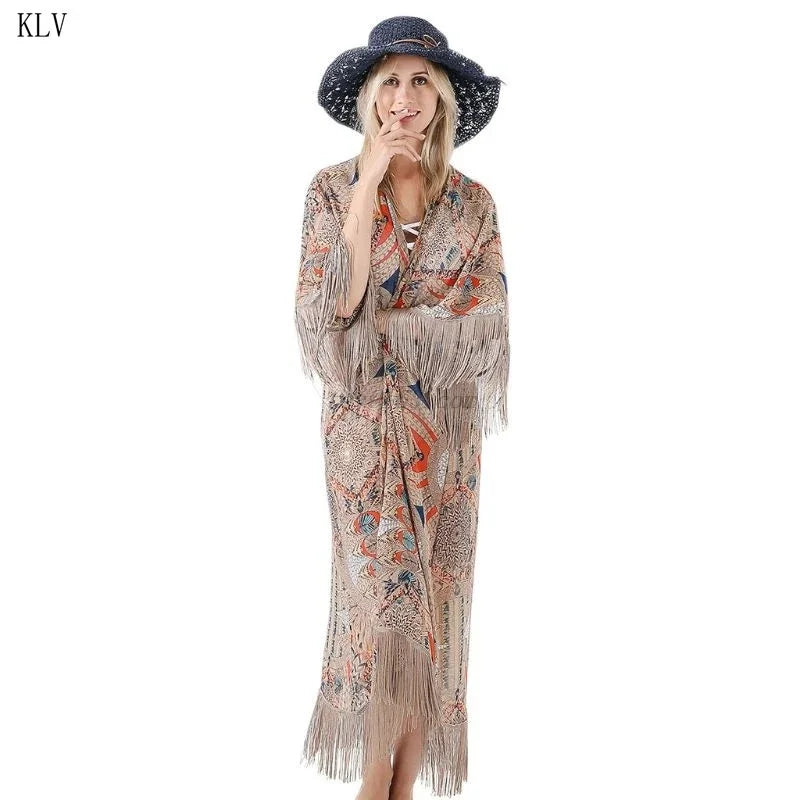 2021 Retro Printed Half Sleeve Cardigan Kimono Boho Fringed Tassels Cover Up Ankle Length Cape Beach Swimsuit - Sun Studio