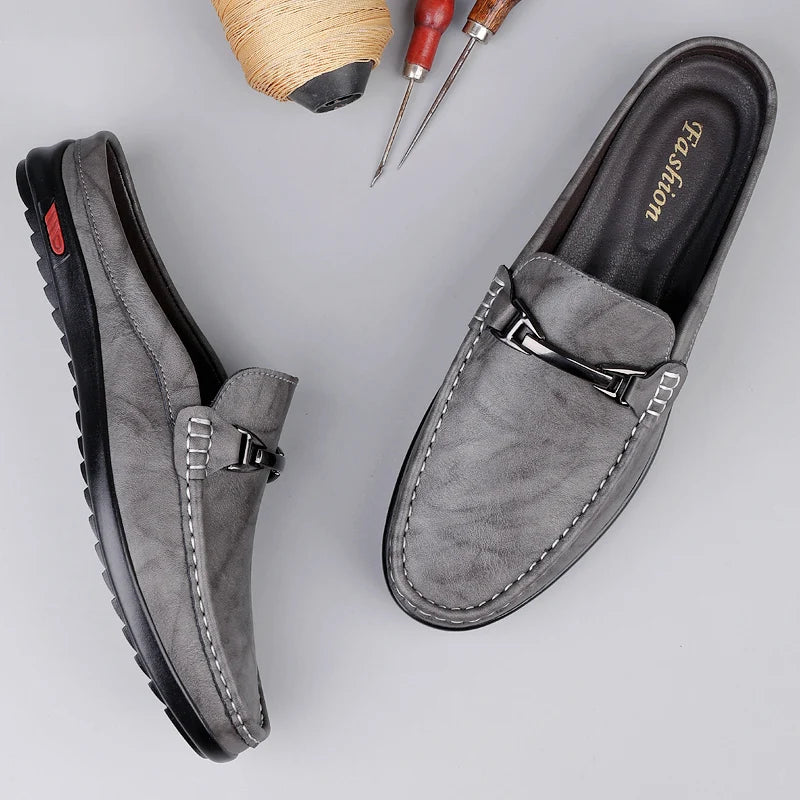 Luxury Men Genuine Leather Shoes Casual Business Men Slip-on Shoe All-Match Half Slippers Loafers Summer Handmade Flats Slippers - Sun Studio