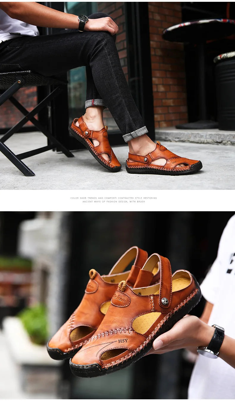 Large Size Men's Sandals Casual Leather Beach Shoes Breathable Slip-On Durable Stitched Construction Comfortable Walking Sandals - Sun Studio