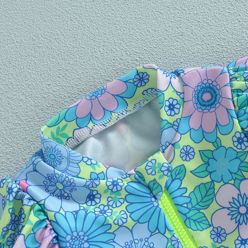 Infant Girls Rash Guard Swimsuit Floral Print Zipper Long Fly Sleeve Sun Protection Bathing Romper Swimwear - Sun Studio