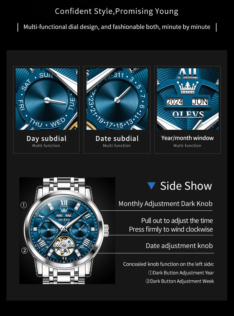 OLEVS 6701 Top Original Automatic Watch for Men Stainless Steel Hollow Skeleton Mechanical Watch Waterproof Business Wristwatch - Sun Studio