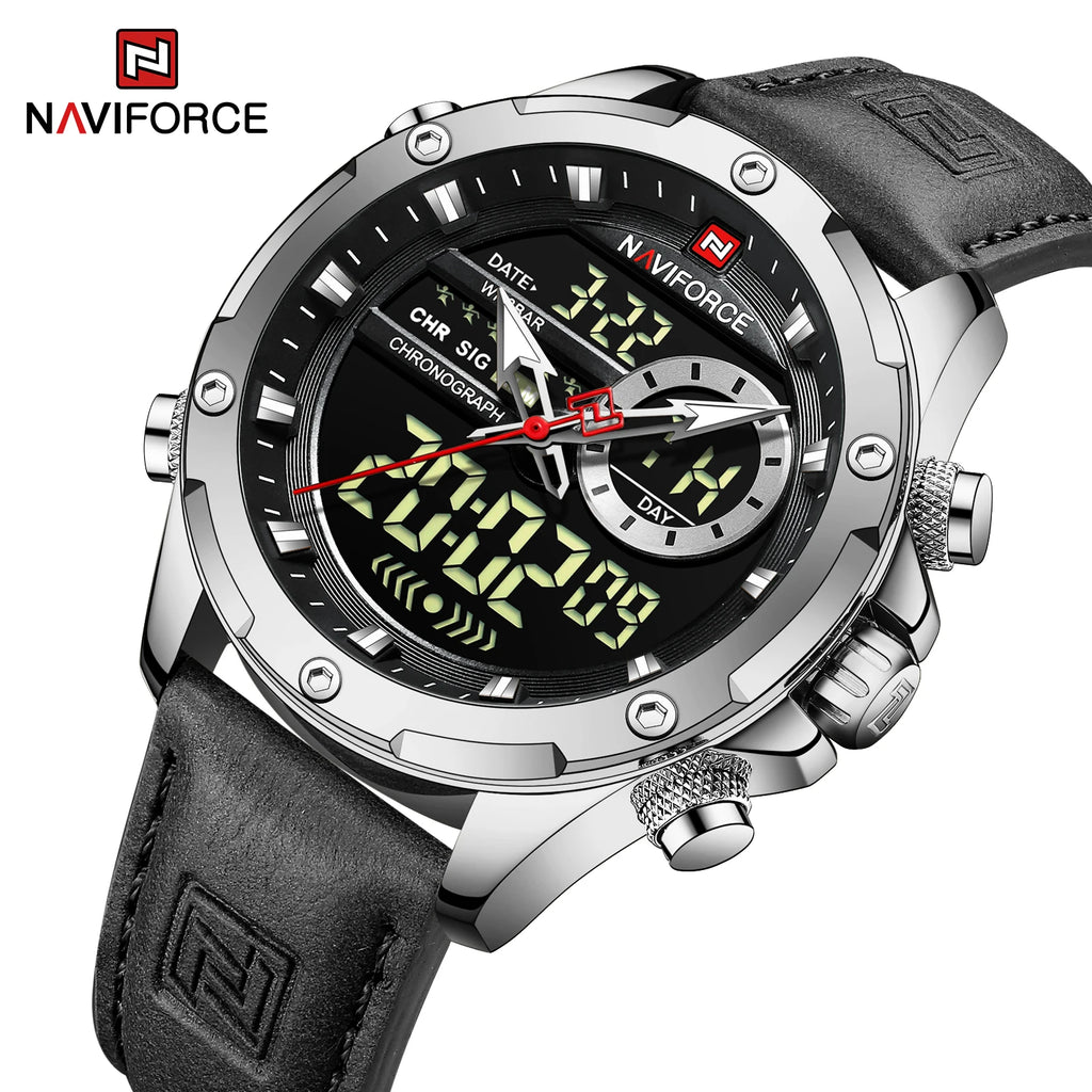 NAVIFORCE Luxury Original Watches For Men Casual Sport Chronograph Alarm Quartz WristWatch Leather Waterproof Digital Clock 9163 - Sun Studio