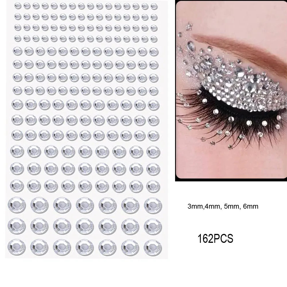 162/216/900pcs Eye&Face&Body Diamond Tattoos Stickers 3/4/5/6mm Colored Glitter Rhinestone Tattoo for Party Makeup Gem Accessory - Sun Studio