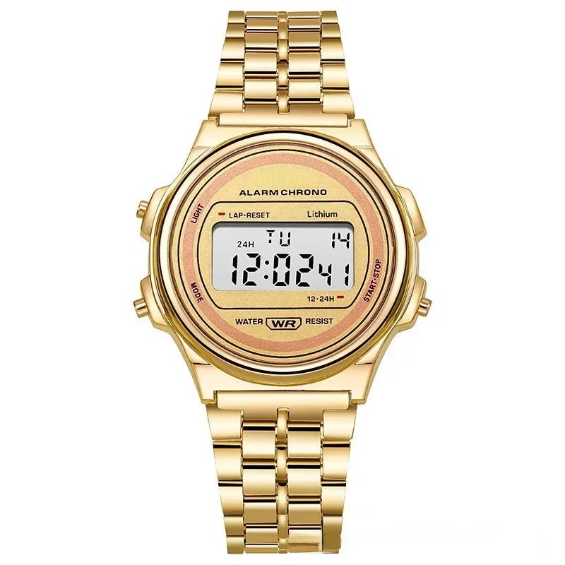 Women Casual LED Electronic Watch Man Retro Stainless Steel Watches for Women Unisex LED Digital Watch Multifunction Wristwatch - Sun Studio