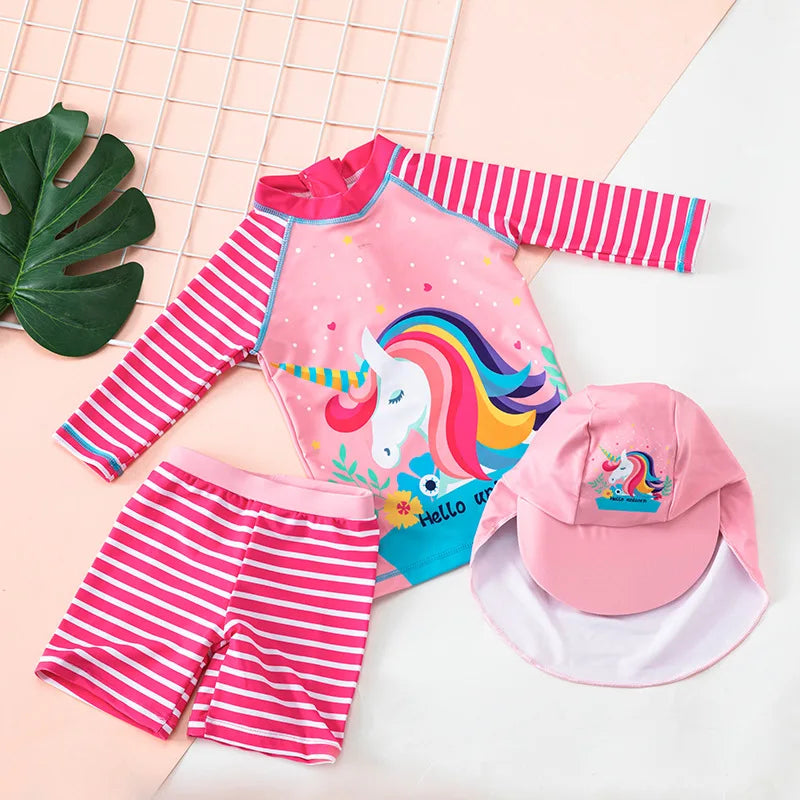 Girls Cute Cartoons Unicorns Split Swimsuit Set For 1-7Years Kids Long Sleeves Bathing Suit+Boxer Shorts+Hat Three-piece Set - Sun Studio