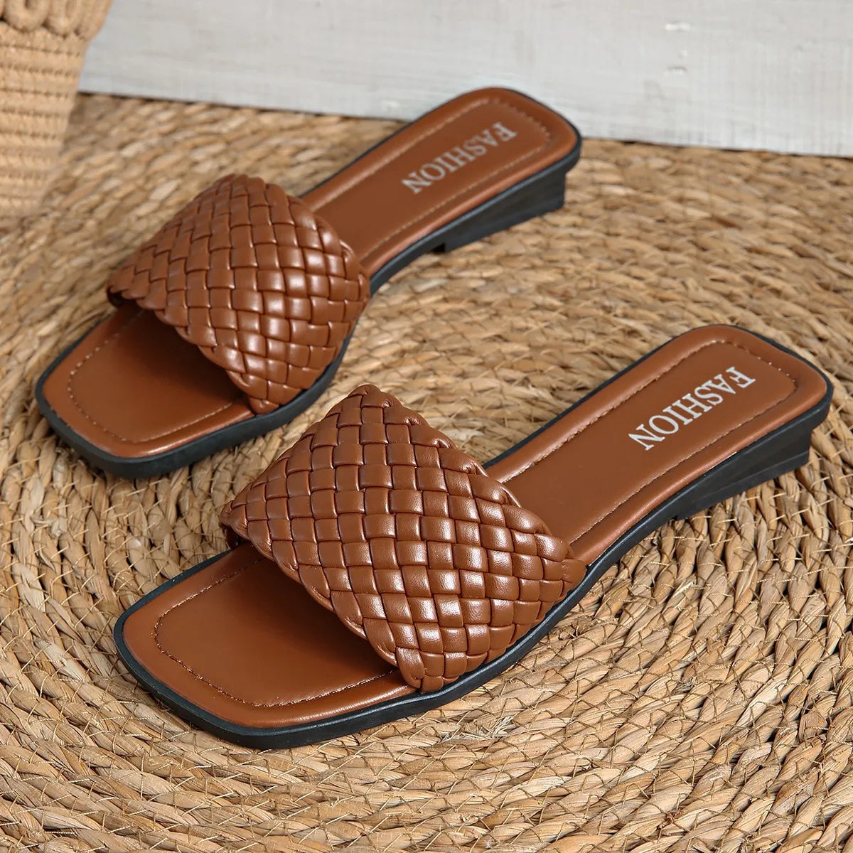 Summer Women's Sandals Luxury Fashion Flat Bottom Slippers Casual Simple Solid Colour One Word Woven Strap Sandy Beach Sandals - Sun Studio