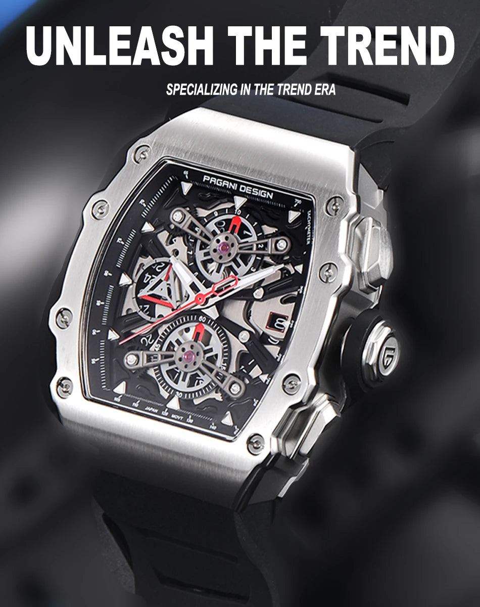 PAGANI DESING Men's Quartz Watches Skeleton Dial 100M Waterproof Sport Rectangle Sapphire glass Watch for Men - Sun Studio