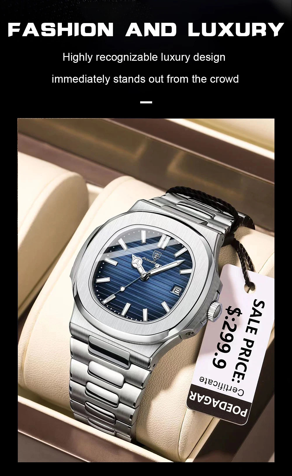 POEDAGAR Square Luxury Men Wristwatch Waterproof Luminous Date Stainless Steel Male Clock Business Sports Quartz Watches For Men - Sun Studio