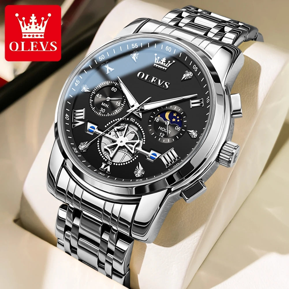 OLEVS Men's Watches Classic Multifunctional Flywheel Design Stainless steel Waterproof Moon Phase Men's Wristwatches 2024 Trend - Sun Studio