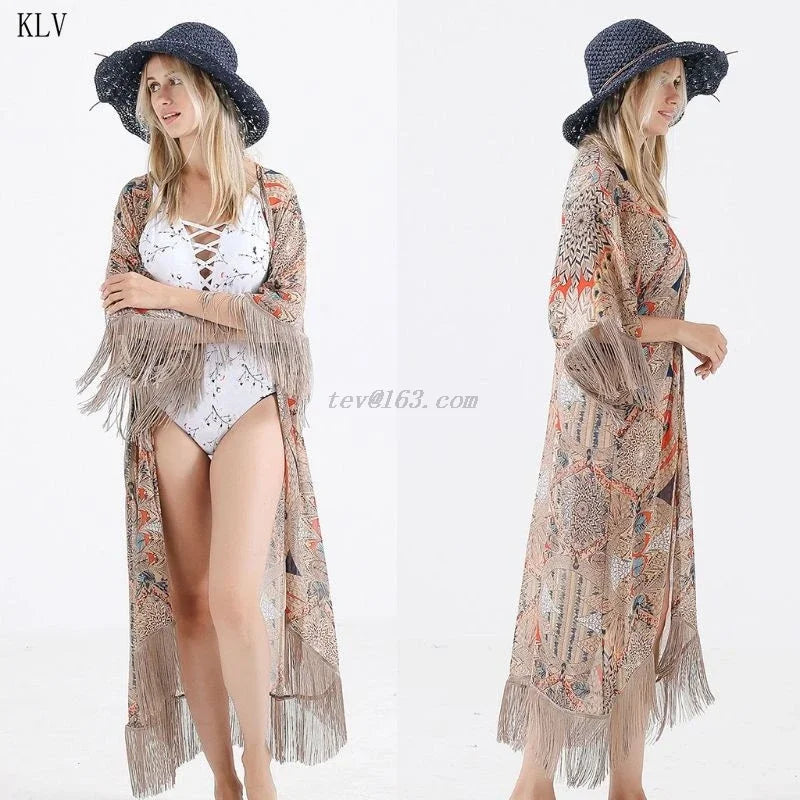 2021 Retro Printed Half Sleeve Cardigan Kimono Boho Fringed Tassels Cover Up Ankle Length Cape Beach Swimsuit - Sun Studio