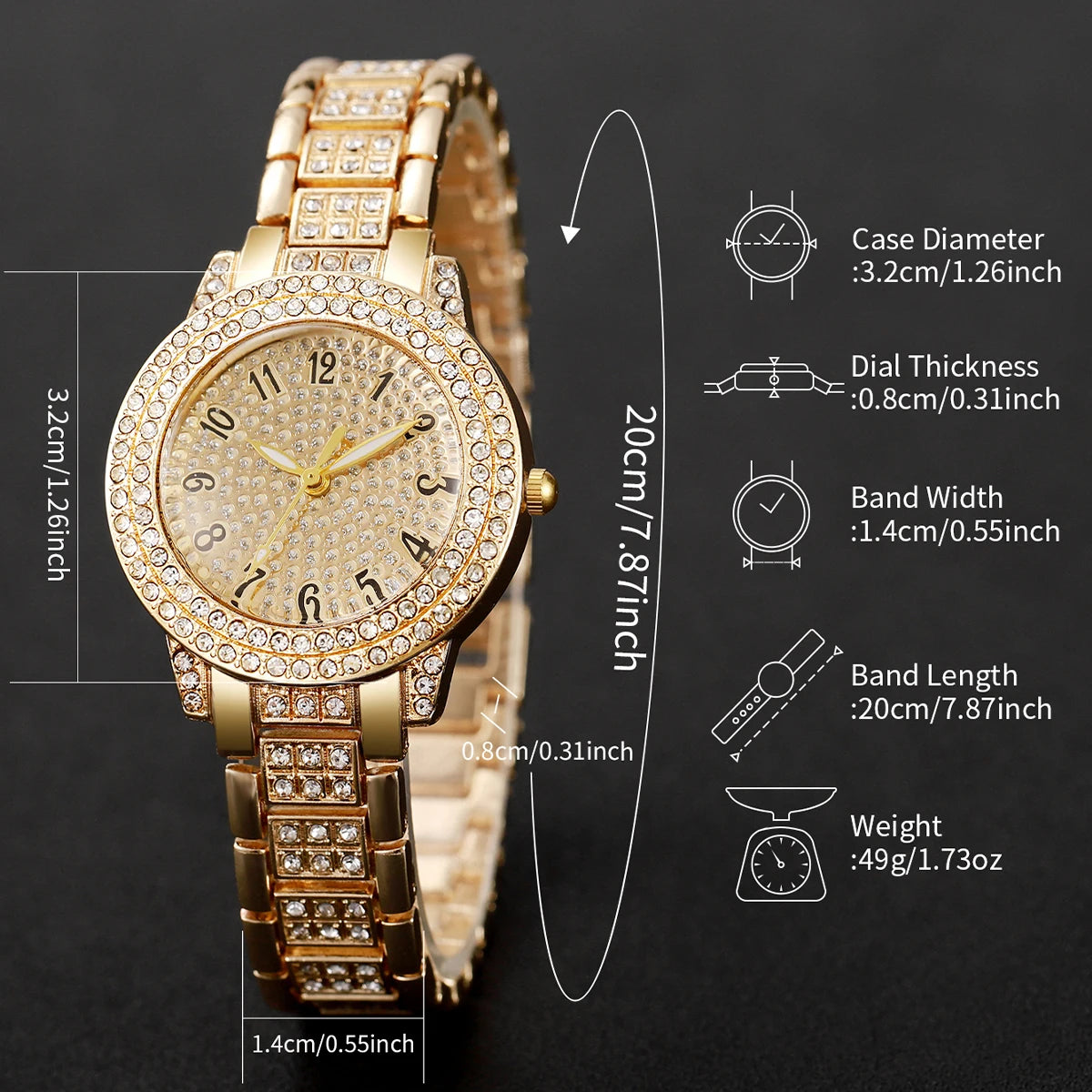 6PCS Fashion Full Diamond Women's Watch Gold Steel Band Analog Quartz Watches Jewelry Set（Without Box） - Sun Studio