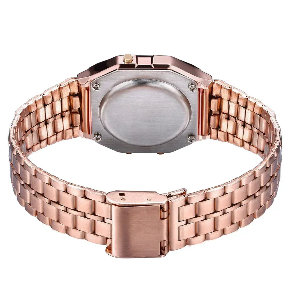 Women Casual LED Electronic Watch Man Retro Stainless Steel Watches for Women Unisex LED Digital Watch Multifunction Wristwatch - Sun Studio