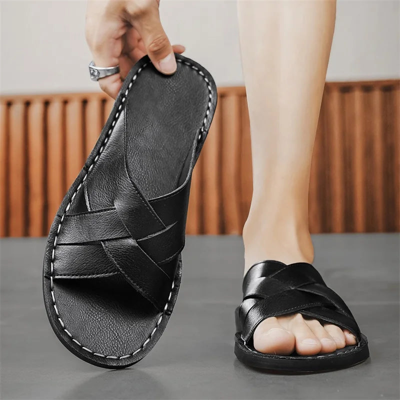 Handmade Leather Slippers for Men 2025 New Beach Summer Walking Shoes Slip on Light Male Flats Men Flip-flops Outdoor Half Drag - Sun Studio