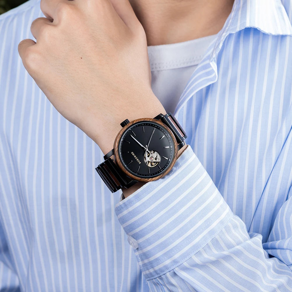 BOBO BIRD New Mechanical Watches for Men Luxury Wood and Stainless Steel Skeleton Customized Automatic Watch relojes mecánicos - Sun Studio