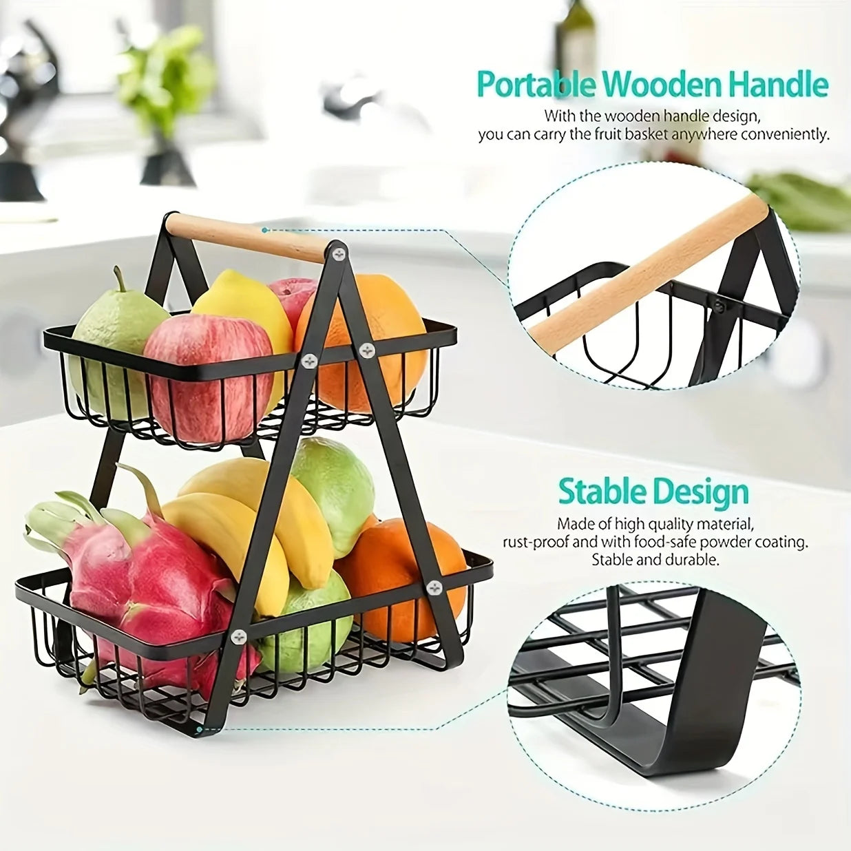 2 Tier Countertop Fruit Basket,Portable Fruit Bowle Basket for Kitchen Organizer Storage & Fruits Vegetable Bread Snacks Basket - Sun Studio
