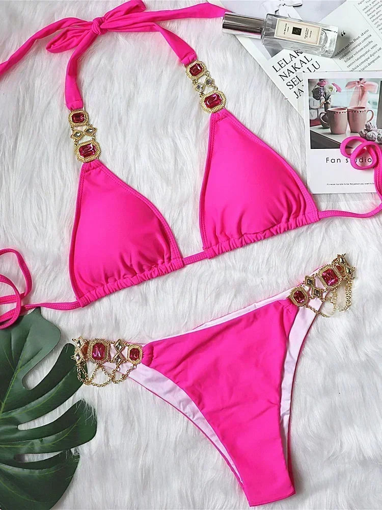 Halter Rhinestone Diamond Bikini Women Swimsuit Female Bikinis Metal Chain Swimwear Two Pieces Bikini Set Bathing Suit Swim Lady - Sun Studio