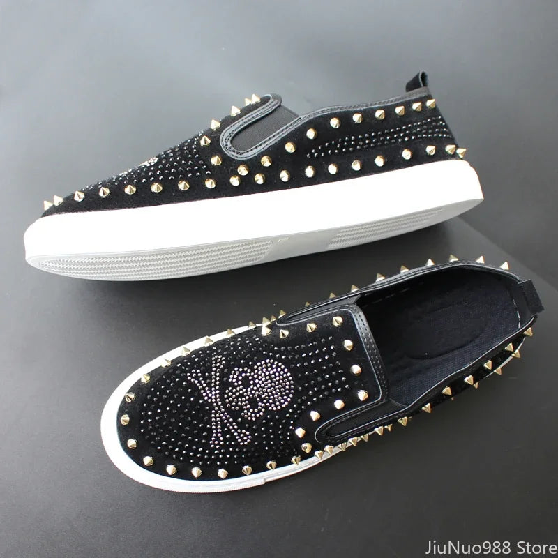 2025 New Shoes for Men Tide Leather Casual Shoes Spring Autumn Cool Skull Rivet Flat Shoes Leisure Slip-on Loafers - Sun Studio