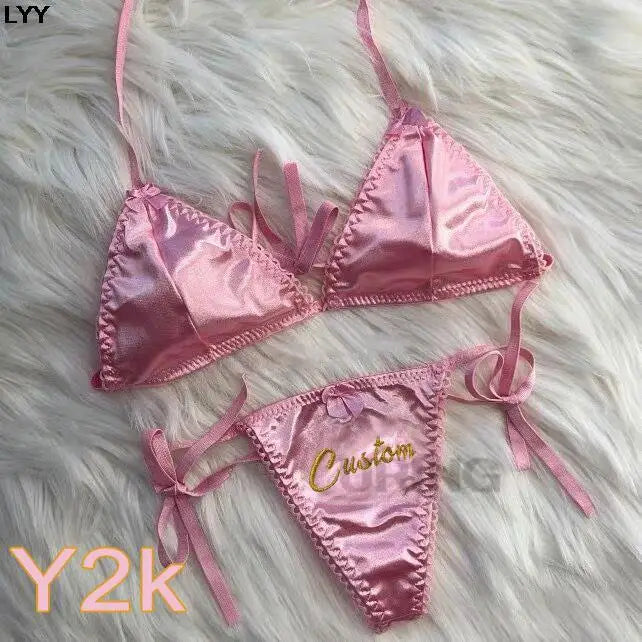 Custom Thongs Bra Sets Bikini With Embroidery Letters Name Personality String Sexy Panties Y2k Hotwife Underwear Pink Swimsuit - Sun Studio