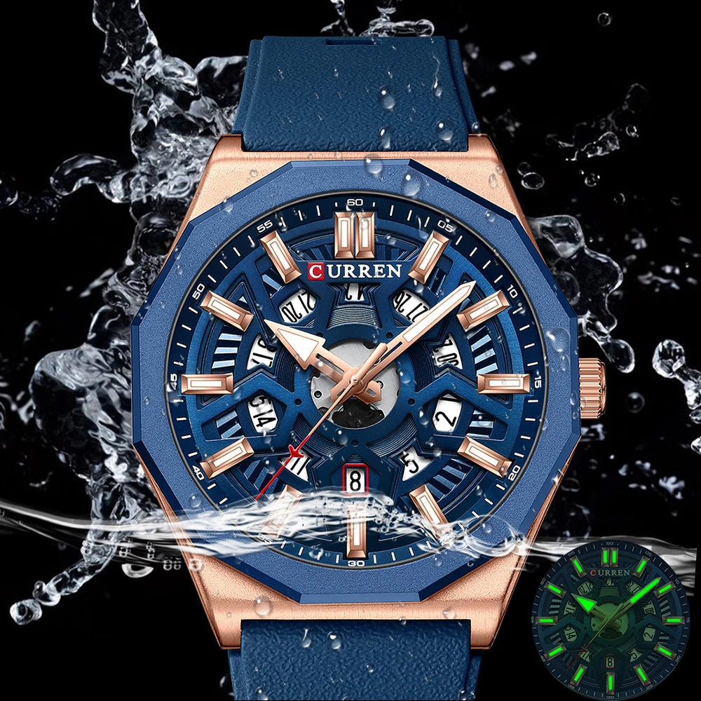 CURREN Fashion Creative Design Watches Men Quartz Silicone Strap Date Wristwatches for Male Clock with Luminous Hands - Sun Studio