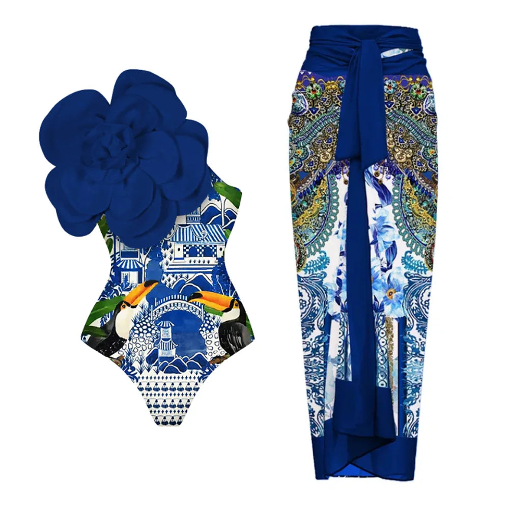 2024 Sexy Women's Swimsuit with Skirt One-Piece Swimwear Vintage Ruffle V Neck Cover Up Bikinis Set Beachwear Bathing Suit - Sun Studio