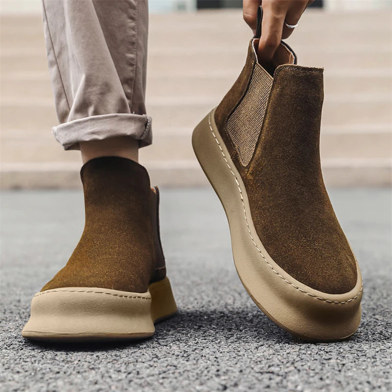 Mode Marke Herren Echtes Leder Mid Top Stiefel im Britischen Stil Herbst Winter Herren Rutschfeste und Abriebfeste Chelsea Boots