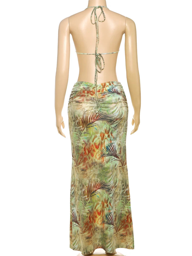 kliou Pearl Splice Stunning Dresses Women Sexy Tie Dye Tassel Bandage Hollow Shirring Maxi Bodycon Lady Vacation Party Vestidos - Sun Studio