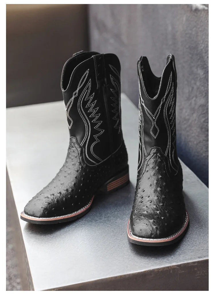 Men's Classic Retro Western Cowboy Boots Embossed Leather Mens Fashion Embroidery Mid-Calf Boot High top Casual Shoes for Men - Sun Studio
