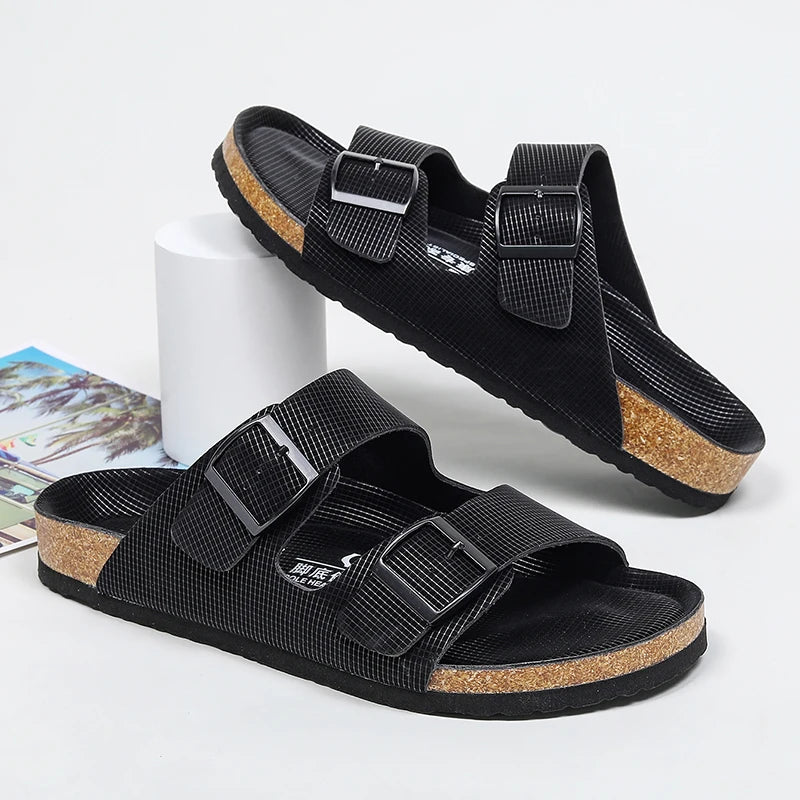 Summer Men Cork Slippers Slides Clogs Casual Slip On Sandals Double Buckle Women Microfiber Leather Unisex Big Size 47 48 49 - Sun Studio