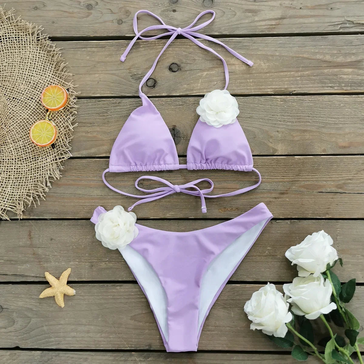 2026 Neu Sexy Weiß 3D Blume Einfarbig Zweiteilig Push Up Bikini Set Luxus Badebekleidung Damen Badeanzug Strandmode Sommer Badeanzug