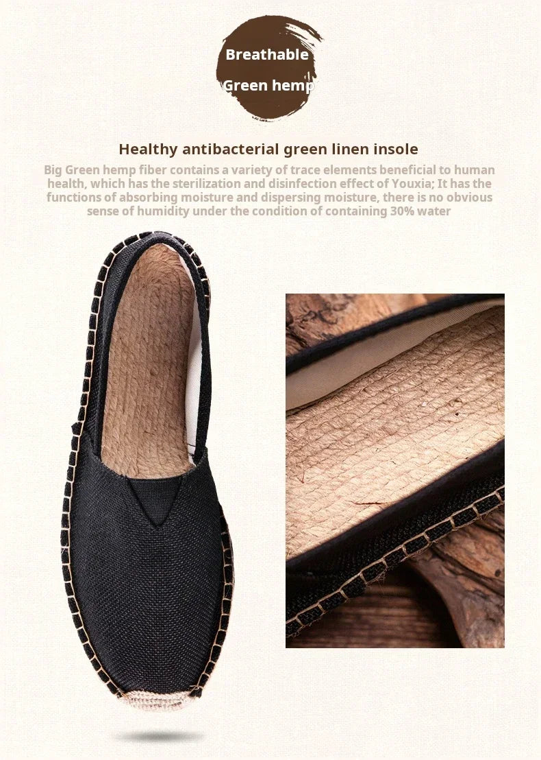 Women Sewing Flax Shoes Slip on Loafers Casual Shoes Man Espadrilles Hemp Canvas Flat Shoes Plus Size Fisherman Driving Footwear - Sun Studio