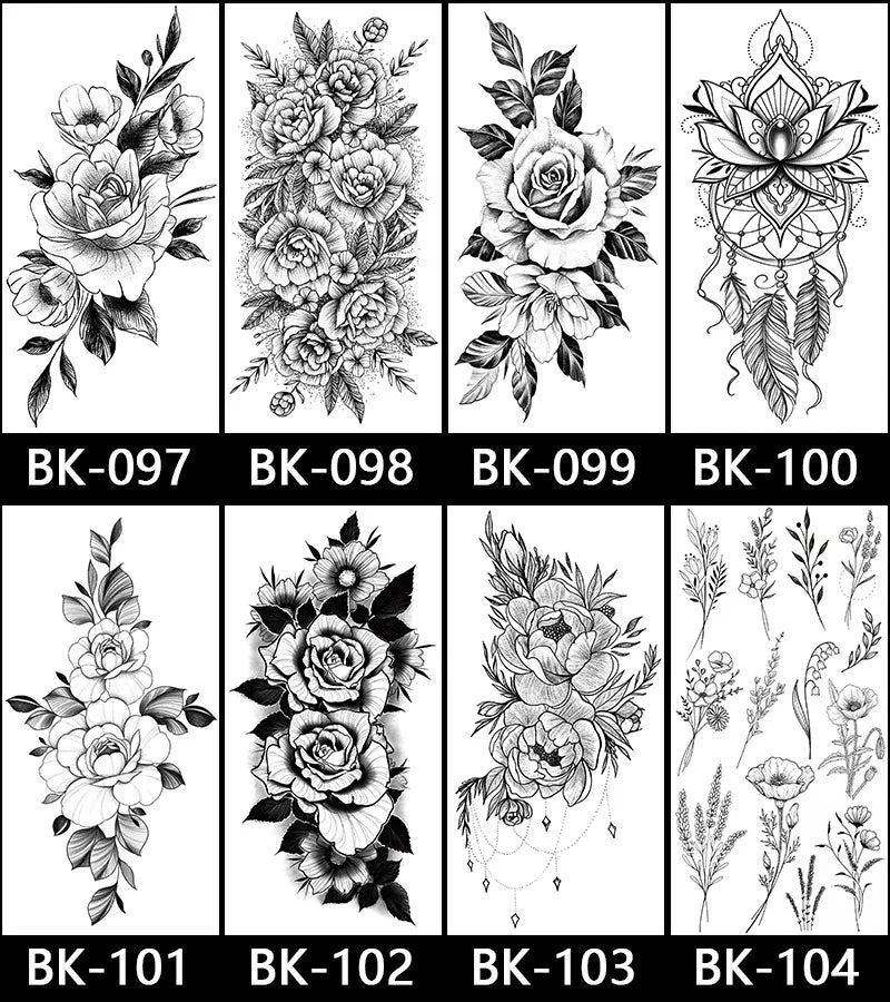 Black White Temporary Transfer Tattoos Floral Butterfly Lettering Line Art Waterproof Body Stickers for Music Festival Party - Sun Studio