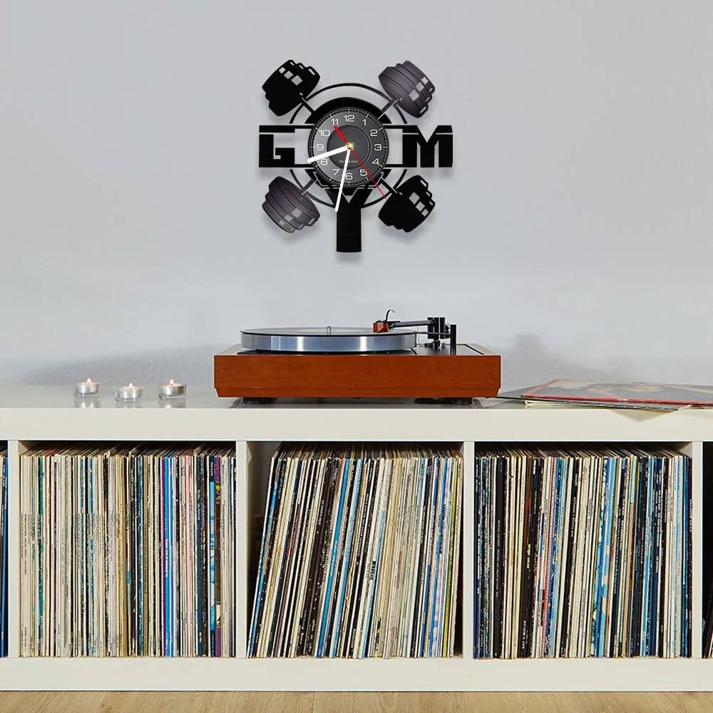 Fitness Equipment Theme Vinyl Record Fitness Wall Clock Home Decoration LED Backlight Modern Fitness Watch - Sun Studio