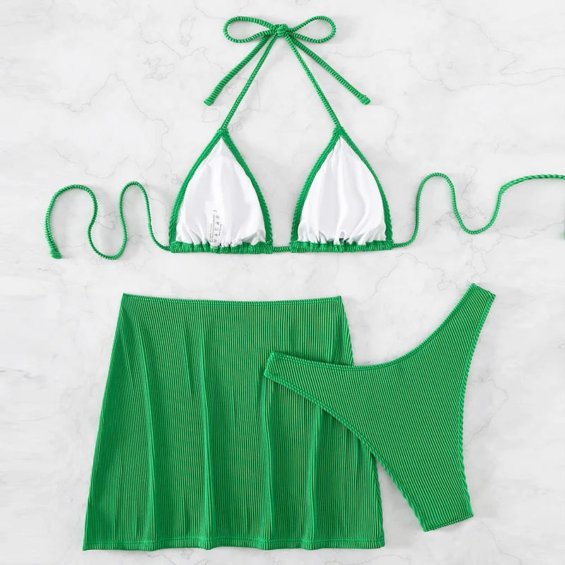 3 Pieces Ribbed Bikinis 2026 Halter Triangle Swimsuit & Skirt Swimwear Women Bathers Bathing Swimming Swim Suit Female Beachwear - Sun Studio