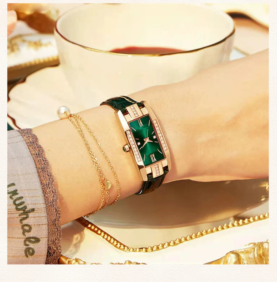 Womens Watches Fashion Square Ladies Quartz Watch Bracelet Set Green Dial Simple Leather Luxury Women Watches - Sun Studio