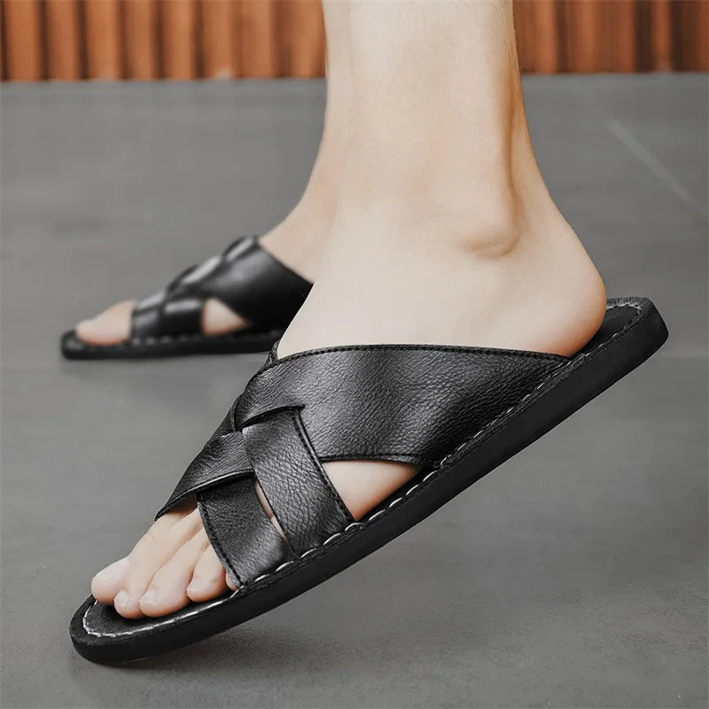 Handmade Leather Slippers for Men 2025 New Beach Summer Walking Shoes Slip on Light Male Flats Men Flip-flops Outdoor Half Drag - Sun Studio