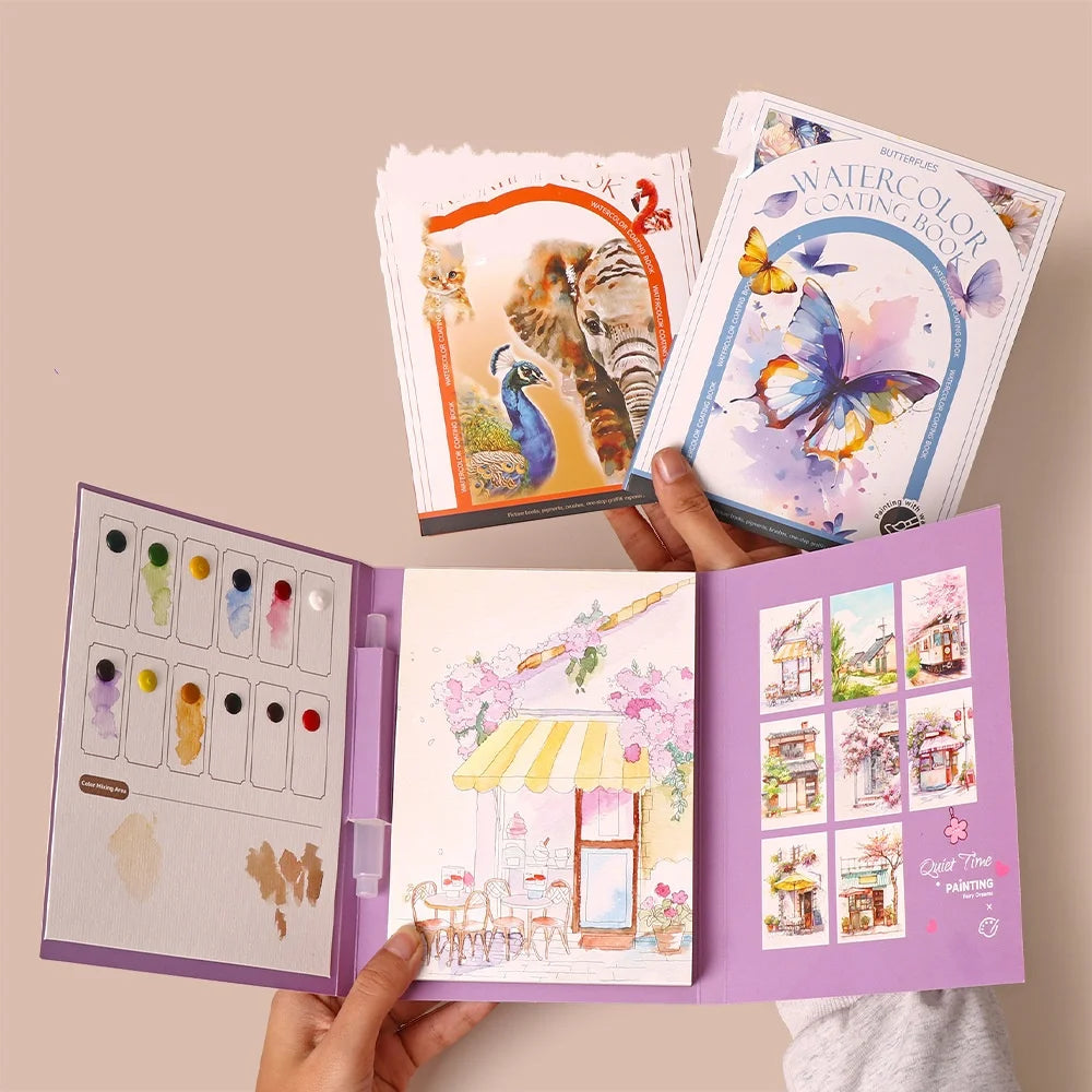 Bview Art Travel Watercolor Painting Set with Tri-Fold Book, Built-in 12 Colors & Stress Relief Note Paper for DIY Art Therapy - Sun Studio