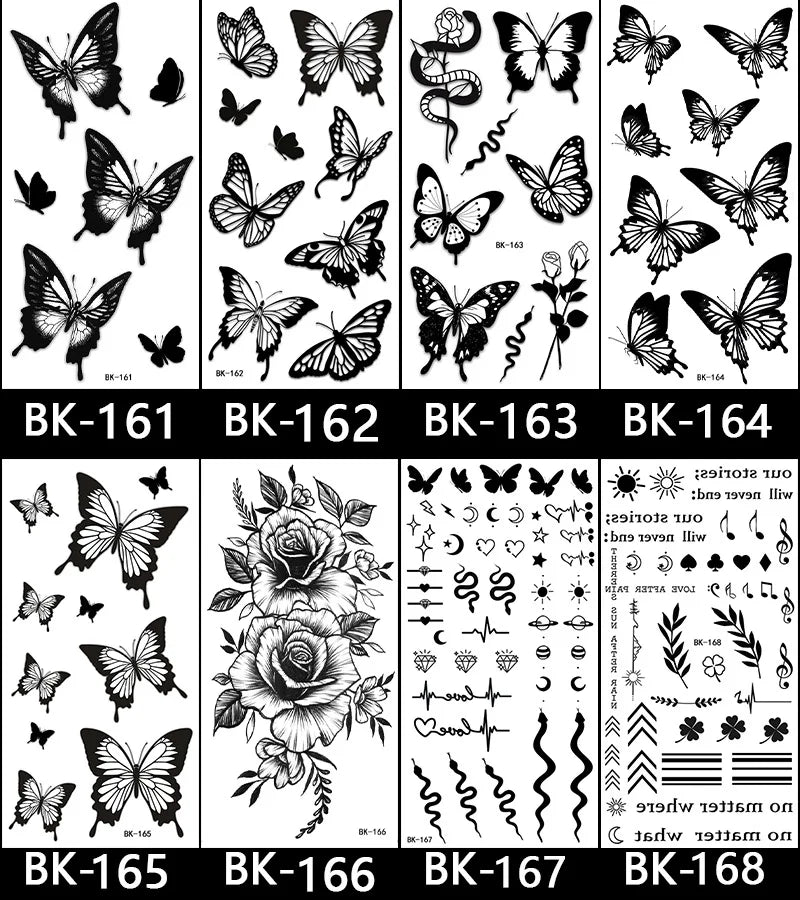 Black White Temporary Transfer Tattoos Floral Butterfly Lettering Line Art Waterproof Body Stickers for Music Festival Party - Sun Studio