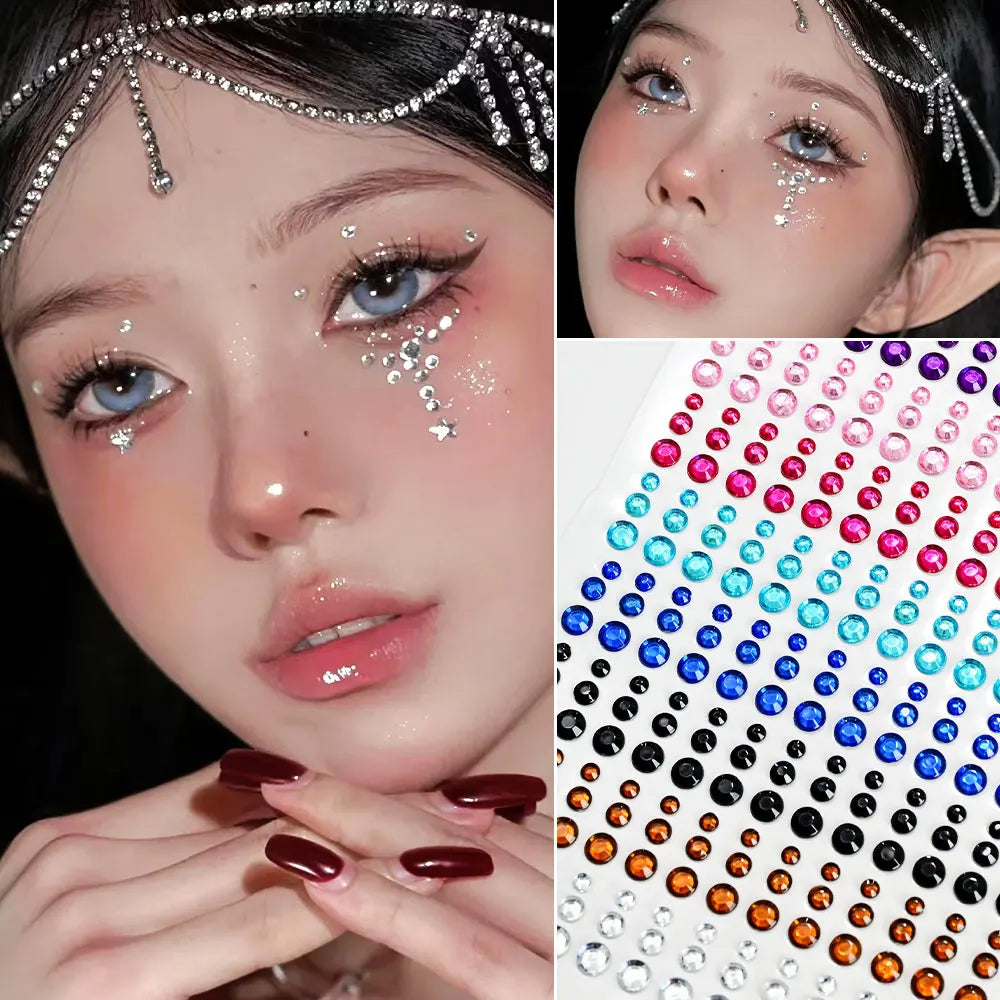 162/216/900pcs Eye&Face&Body Diamond Tattoos Stickers 3/4/5/6mm Colored Glitter Rhinestone Tattoo for Party Makeup Gem Accessory - Sun Studio