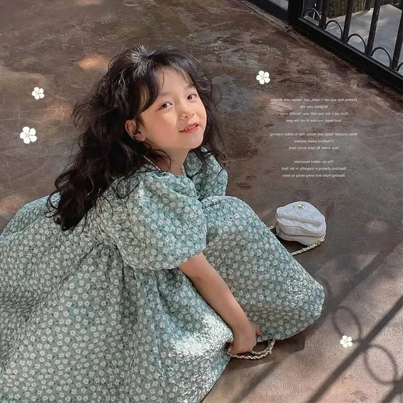Girls Casual Dresses Floral Print Puffy Sleeves Dress Flower Girl Dresses Square Collar Clothes for Kids 3 To 7 Years - Sun Studio
