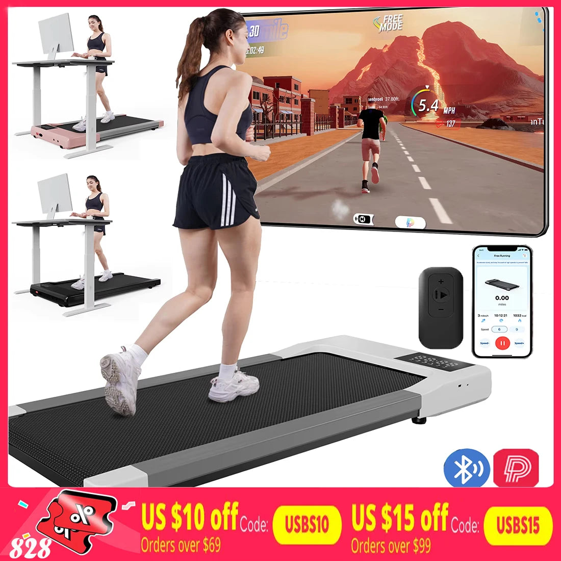 Treadmills 39.37inch Running Belt 2in1 Under Desk for Home Office Treadmill Walkingpad 2.5HP Romote Control 5MPH Exerice Machine - Sun Studio